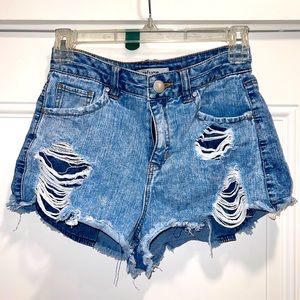Refuge Mid Rise distressed denim cheeky shorts